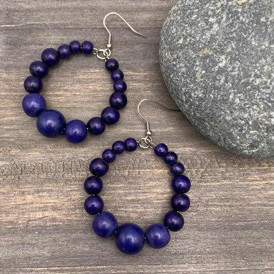 deep navy blue wood bead hoop earrings