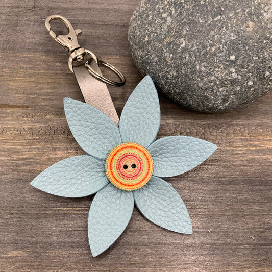 Leather Flower Bag Charm Keychain - Blue Multi