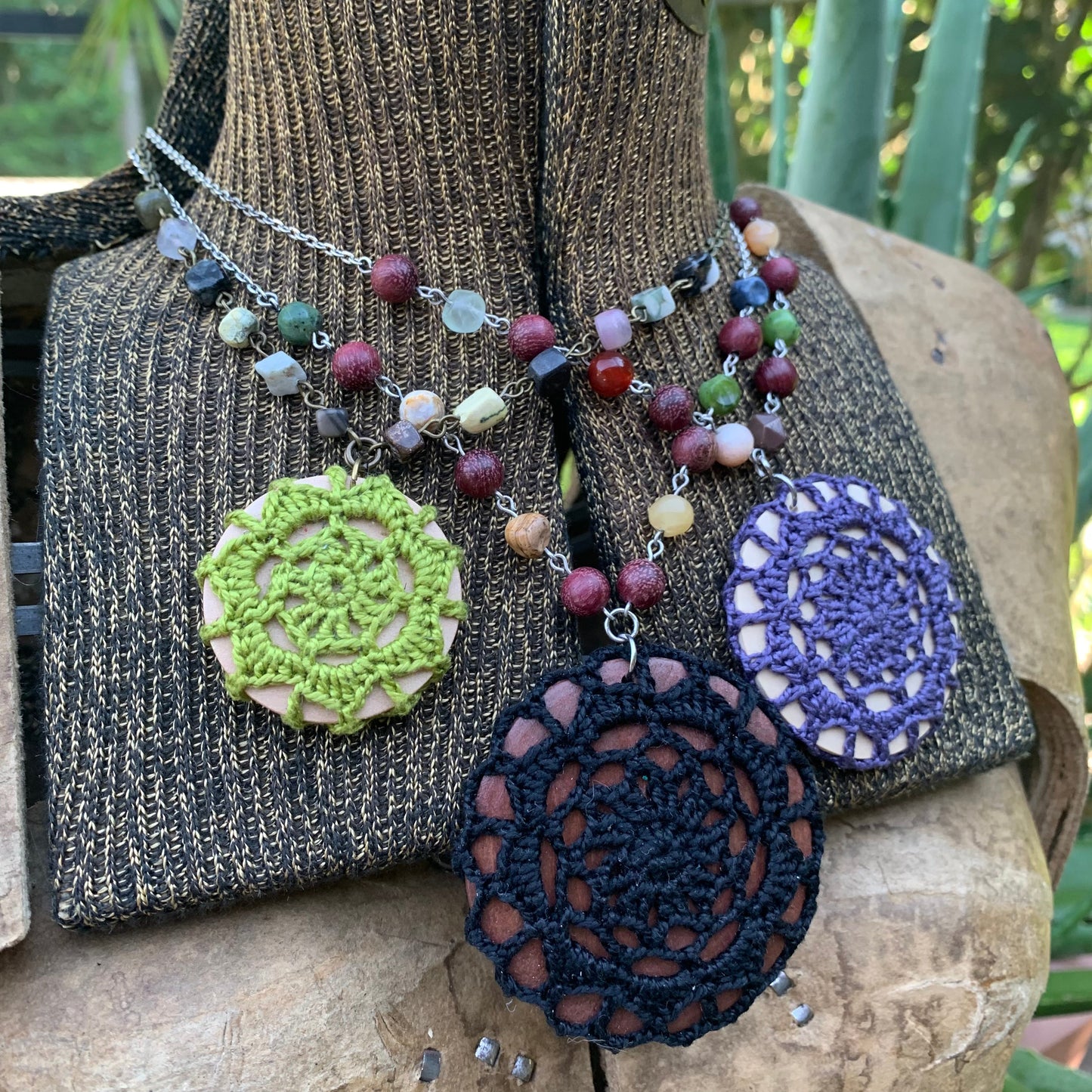 boho crocheted pendant necklace on beaded chain 