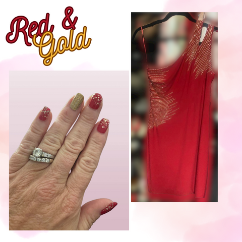 red dress, lily and fox nail wraps, manicure, diamond, red nails, gold nails, ring, diamond ring, sparkly dress