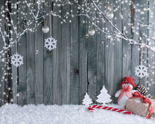 Fox Snowman Winter Wood Wall Christmas Vinyl Backdrop - Foxbackdrop