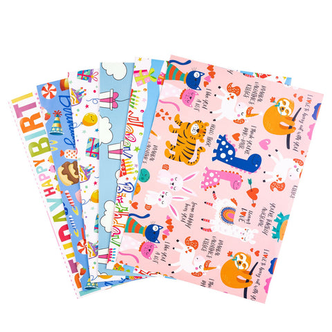 Birthday Gift Wrapping Paper Flat Sheet with Animal Design - 6pcs/ Pac ...