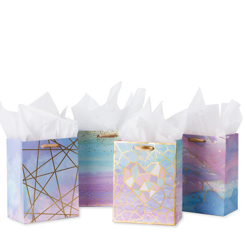 Gift Bags Set - 4 Pack - Navy Blue Gold Design With Gold Tissue