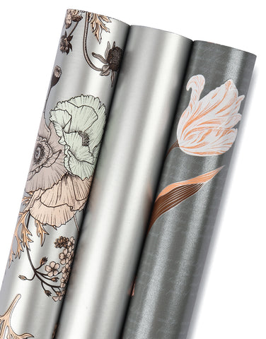 WRAPAHOLIC Wrapping Paper Roll - The Vintage Floral Printed on Silver  Pearlized Paper,Perfect for Wedding, Birthday, Holiday, Baby Shower Wrap -  30