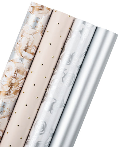 KIMOBER 4 Rolls Christmas Wrapping Paper,White Paper with Golden Metallic Foil Shine Xmas Elements and Cut Lines on Reverse(30in × 144in per Roll)
