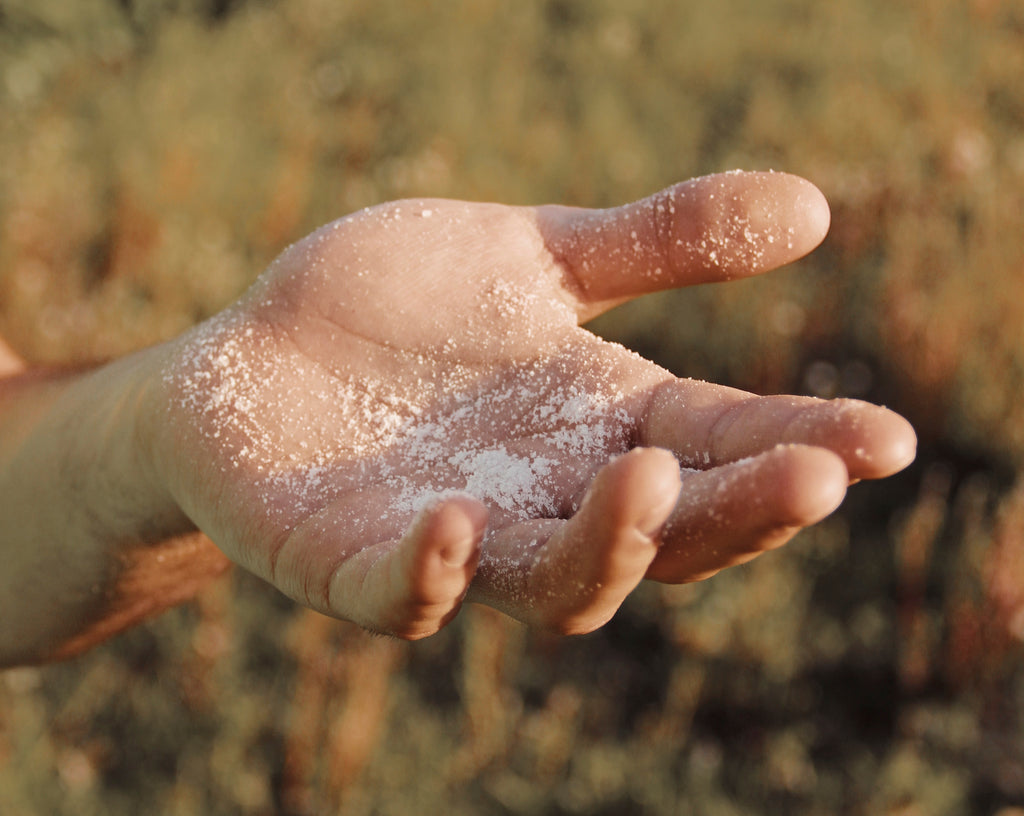 open hand held out with salt granules on it, sunny day, photographed in open country location