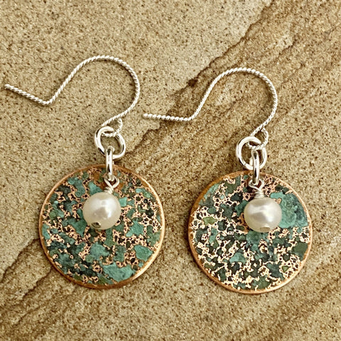 Patina and Pearl Round Earrings