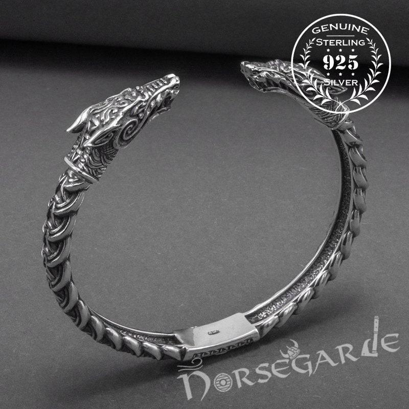 Viking Bracelet - Sterling Silver | Fenrir Wolf Heads Arm Ring 17cm (6.7) / Silver