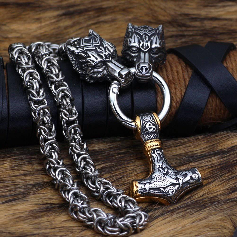 | King\'s Mjolnir Viking Celtic Wolf Chain Norsegarde with Heavy - Necklace