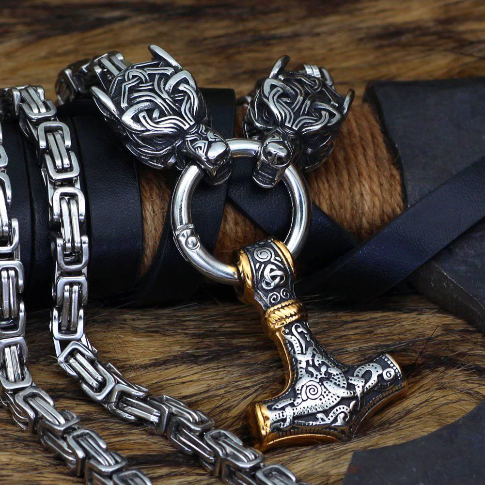 Celtic Wolf King's Chain - Heavy Viking Necklace with Mjolnir | Norsegarde