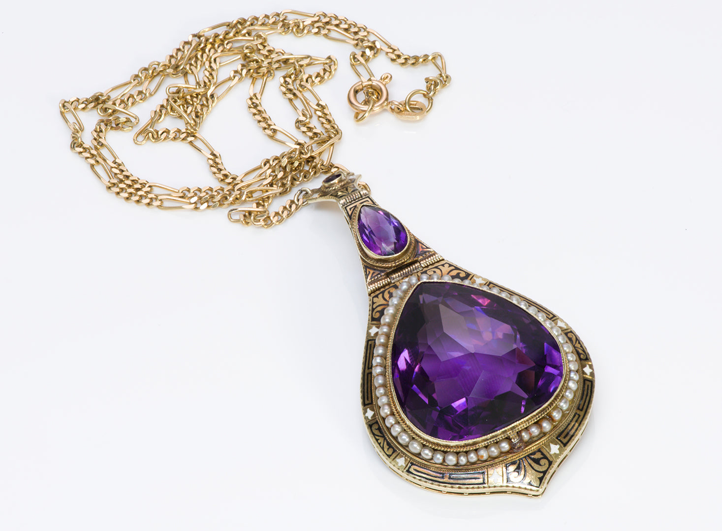 antique-amethyst-seed-pearl-enamel-gold-pendant-necklace