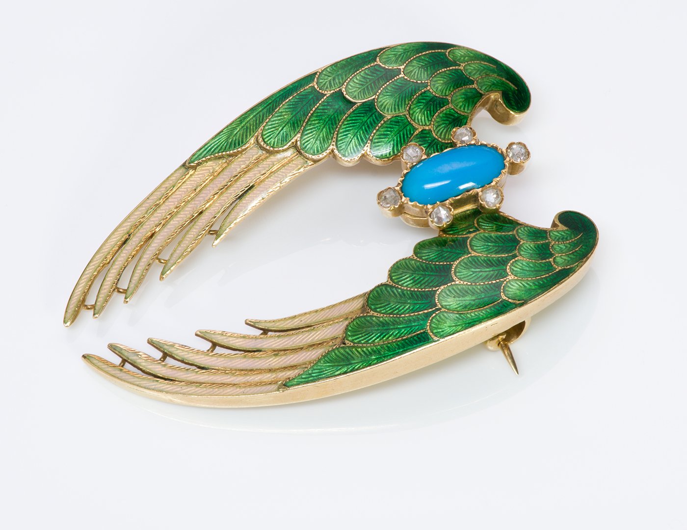 antique-gold-enamel-turquoise-diamond-wings-brooch-pin