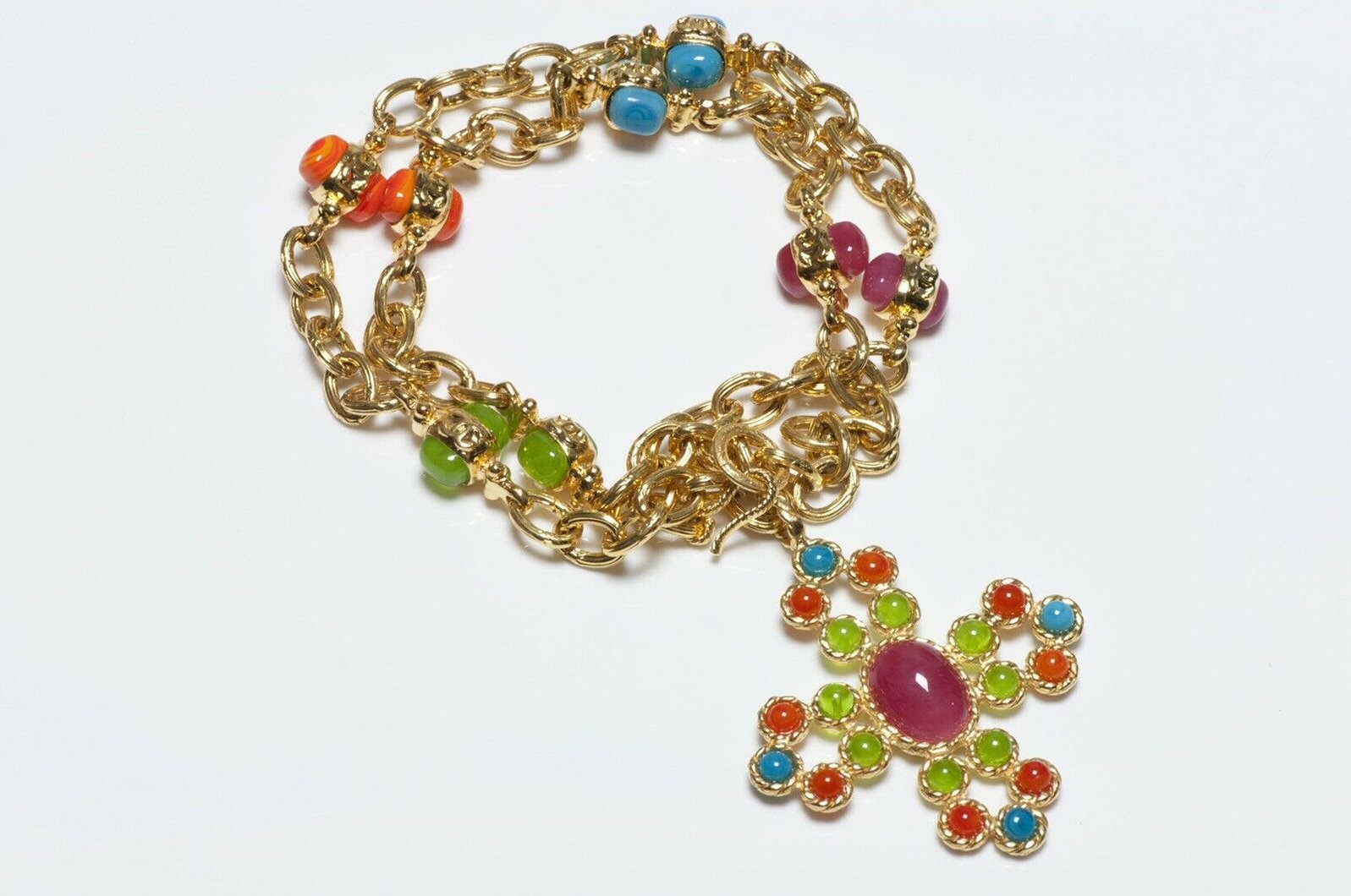 chanel-gripoix-neon-blue-green-orange-glass-maltese-cross-chain-necklace