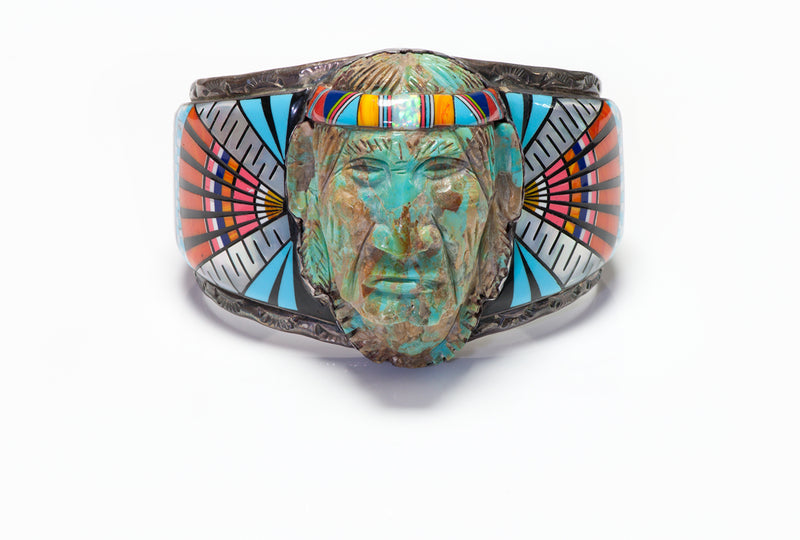 American Indian Style Silver Face Inlay Cuff Bracelet