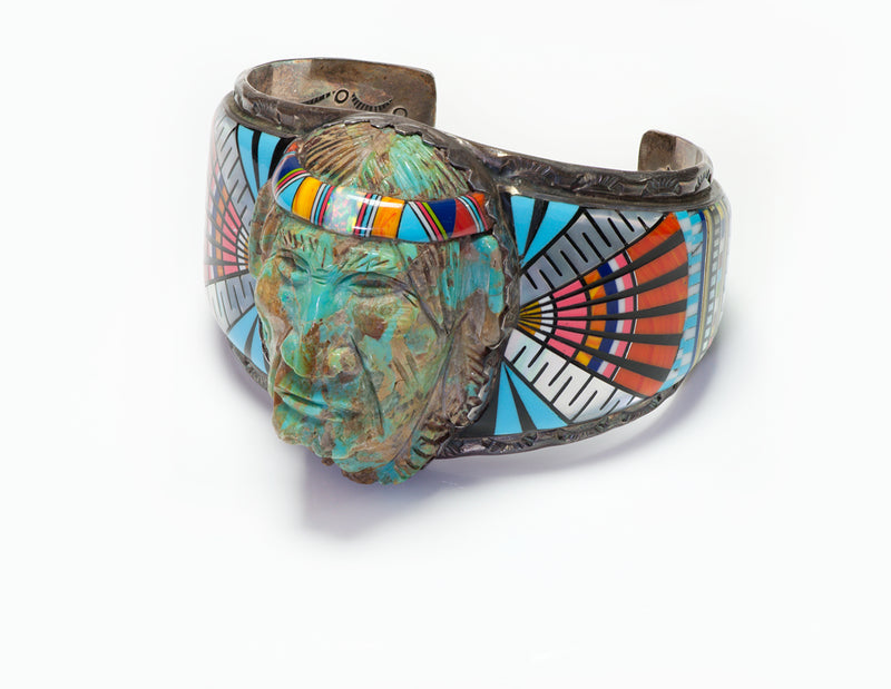 American Indian Style Silver Face Inlay Cuff Bracelet