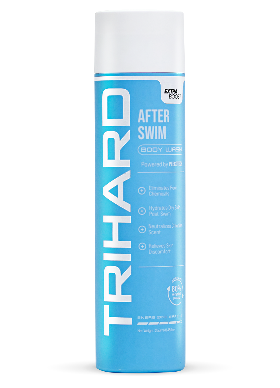 Blue TRIHARD After Swim body wash bottle with benefits listed on the label.