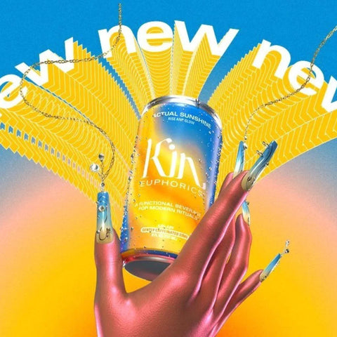 Advertising image of Kin Euphorics Actual Sunshine can. A hand is holding a can of the product into the sky with the word "new" in an archway around it.