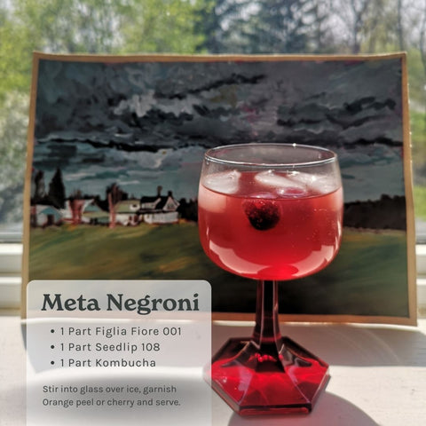 Meta Negroni - 1 Part Figlia Fiore 001, 1 Part Seedlip 108, 1 Part Kombucha.  Stir into glass over ice, garnish Orange peel or cherry and serve.