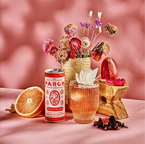 Fun collage photo of fresh fruit, Prickly Paloma by Parch, dried flowers on a pink backdrop