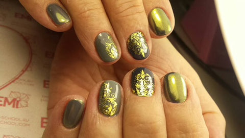 Russian manicure, gold gel polish, with metallic gold stamping polish, Stamps are venzel designs