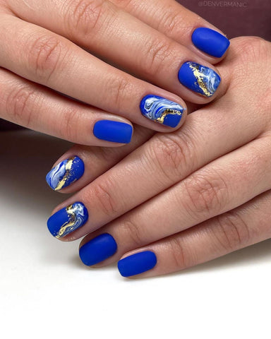 Matte blue gel nail polish with silver nails foil, Russian manicure used for cuticle work