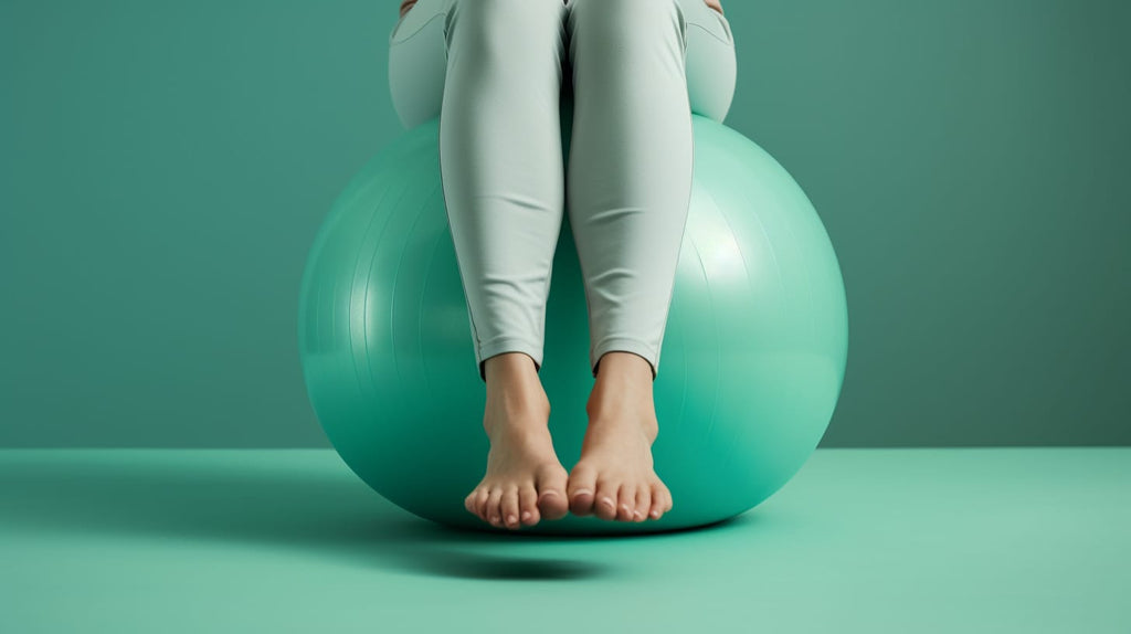 image of a person sitting on a yoga mat, with their bare feet resting on a therapy ball