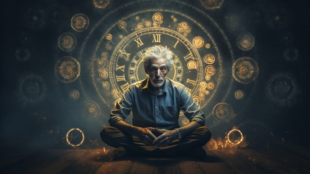 an image depicting a person with a serene expression, surrounded by a clock, symbolizing the passage of time