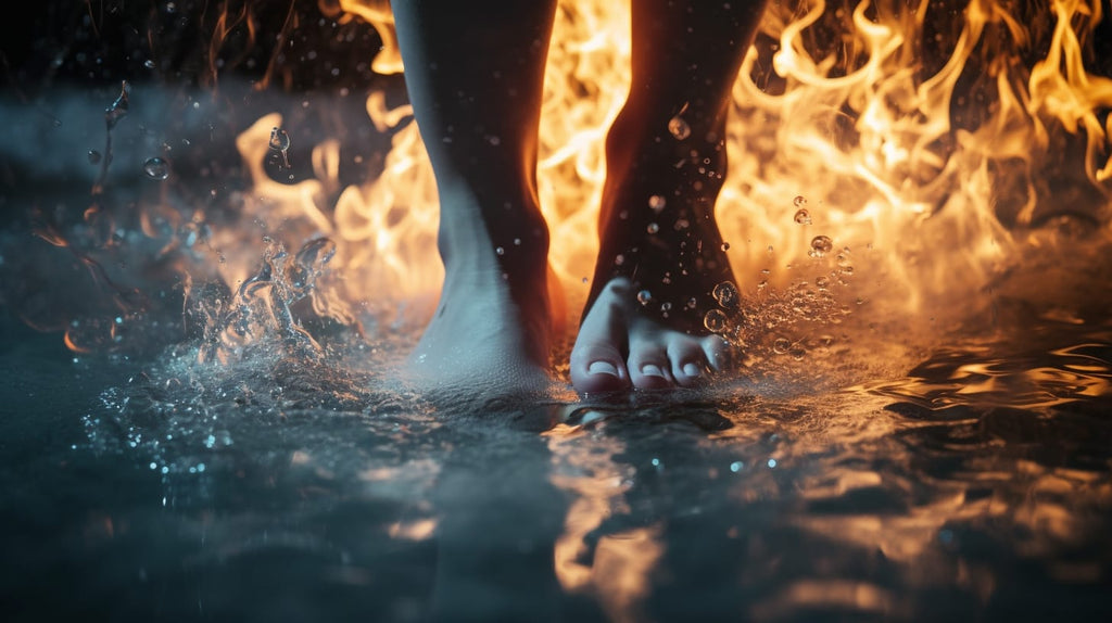 an image featuring a person's feet submerged in icy water, with sharp, burning sensations radiating from the toes, illustrating the excruciating pain and urgency of addressing neuropathy symptoms