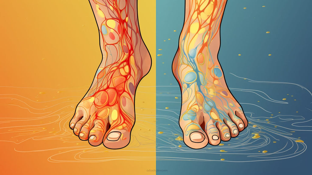 image depicting a pair of feet, one affected by neuropathy, showcasing the various potential causes such as diabetes and trauma