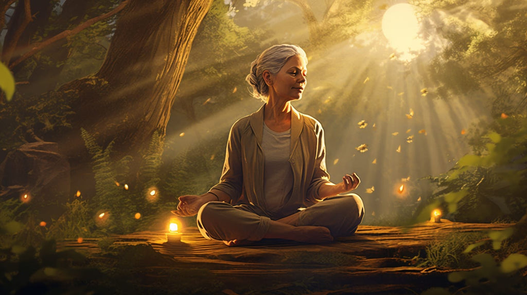 an image capturing the essence of natural pain relief through a serene forest scene, bathed in warm sunlight as a older woman meditates