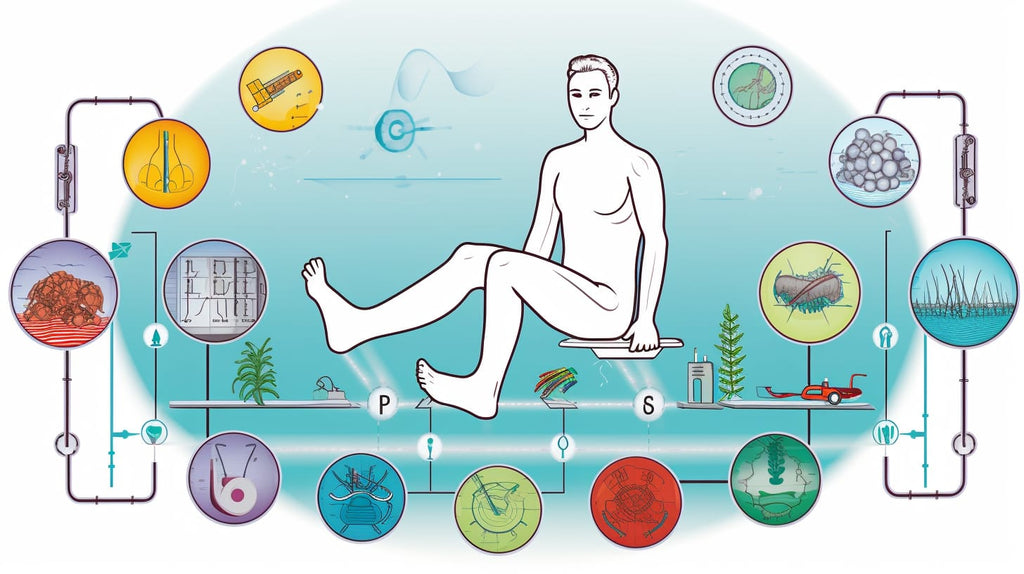 an image showcasing various treatment options for neuropathy in legs and feet, such as medications, physical therapy, acupuncture, and nerve stimulation devices
