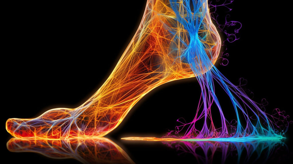 an image depicting a human foot with nerve pathways highlighted in vibrant colors, symbolizing the intricate network affected by neuropathy