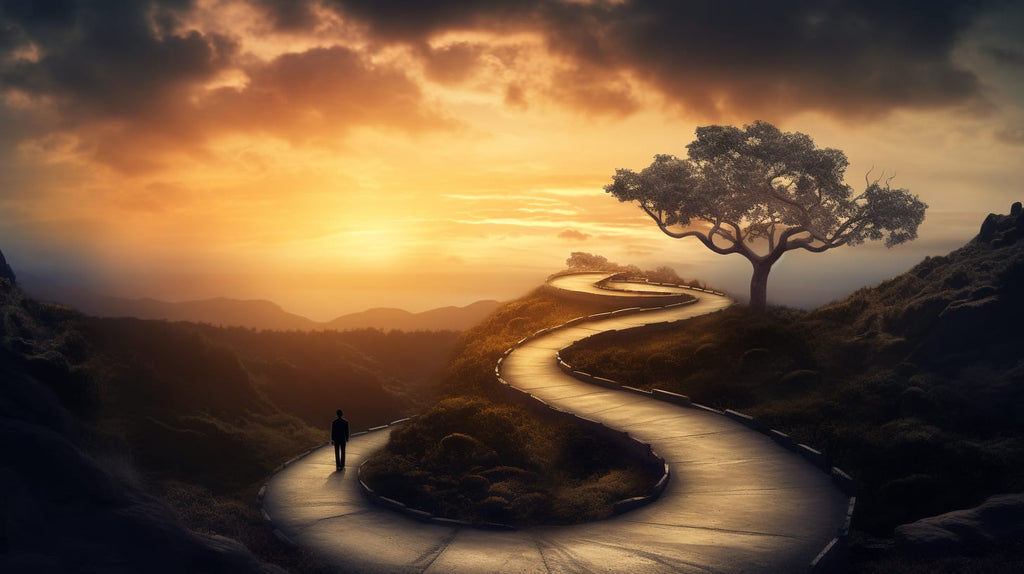 an image depicting a winding road disappearing into the distance, with a person walking alone, their silhouette fading into the unknown