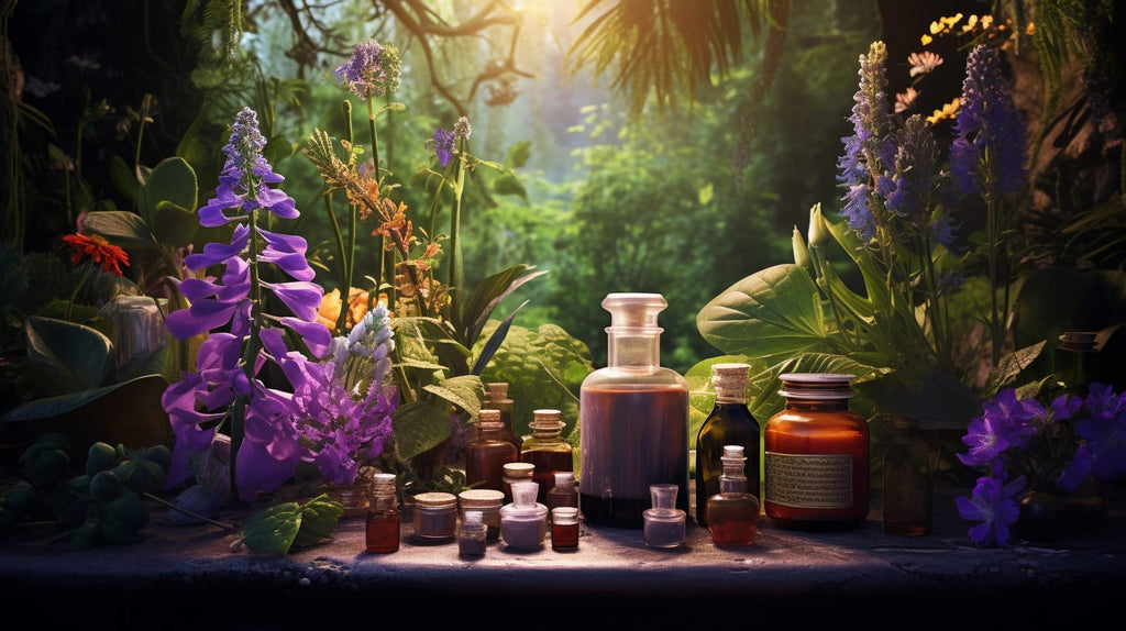 an image showcasing a serene, lush garden teeming with vibrant medicinal plants like turmeric, ginger, and lavender