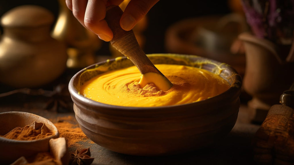 an image showcasing a vibrant close-up of freshly ground turmeric powder