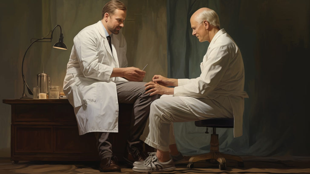 an image depicting a doctor examining a patient's feet, using a magnifying glass to highlight the peripheral nerve damage