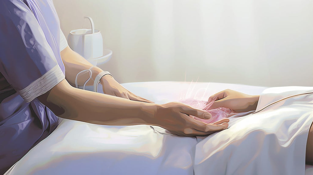 an image depicting a person receiving medical treatments for neuropathy, showcasing their hands being gently massaged with essential oils