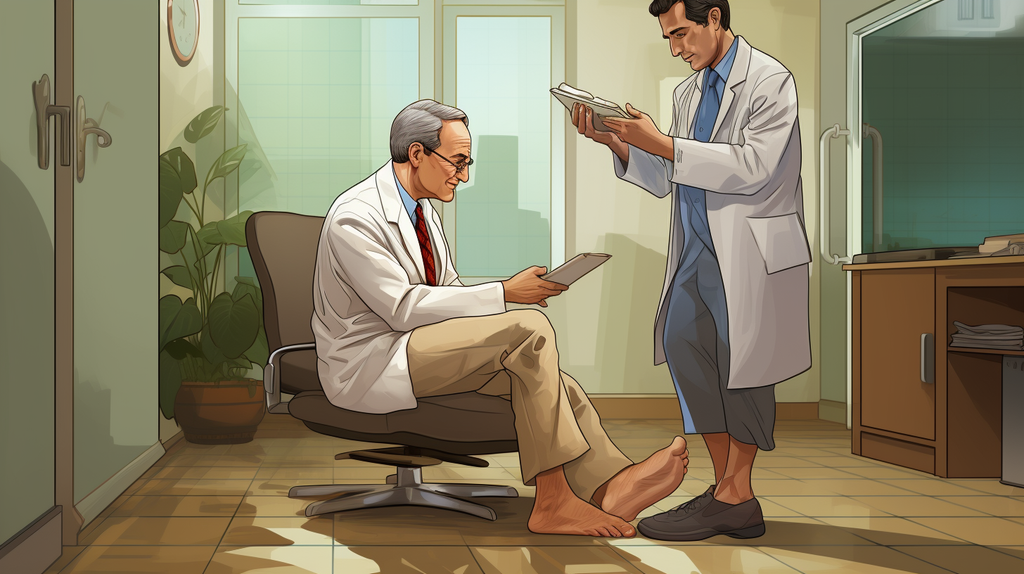 an image depicting a doctor examining bare feet, using a magnifying glass to inspect for signs of neuropathy