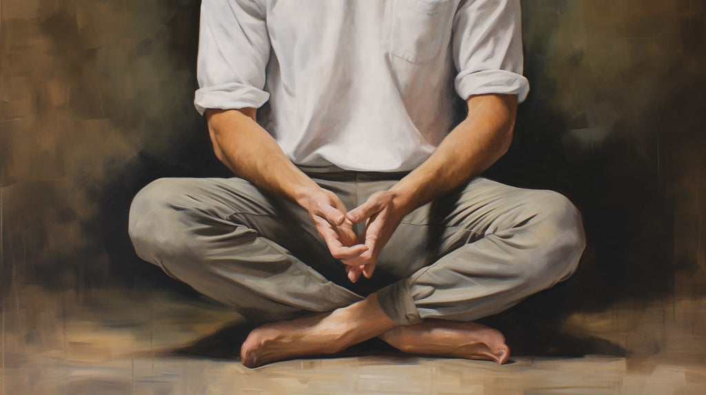 image of a person sitting cross-legged, gently massaging their feet with both hands
