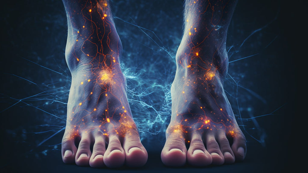 an image depicting a person with neuropathy in their feet experiencing potential complications, such as foot ulcers, infections, and muscle weakness