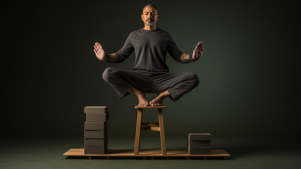 an image showcasing a person seated on a chair, legs extended. One foot rests on a yoga block, while the other performs ankle circles