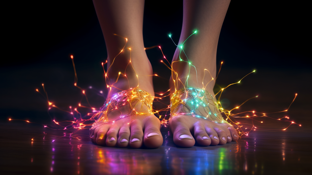 an image showcasing a diverse range of treatment options for neuropathy in feet, such as acupuncture, electrical nerve stimulation, physical therapy, and medication, emphasizing the importance of a holistic approach