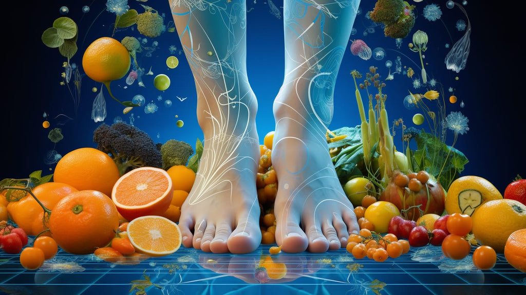 an image depicting a pair of feet enveloped in a soothing blue light, surrounded by a collage of vibrant fruits and vegetables