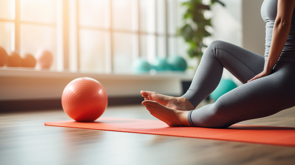 an image showcasing a person sitting on a yoga mat, gently stretching with a therapy ball
