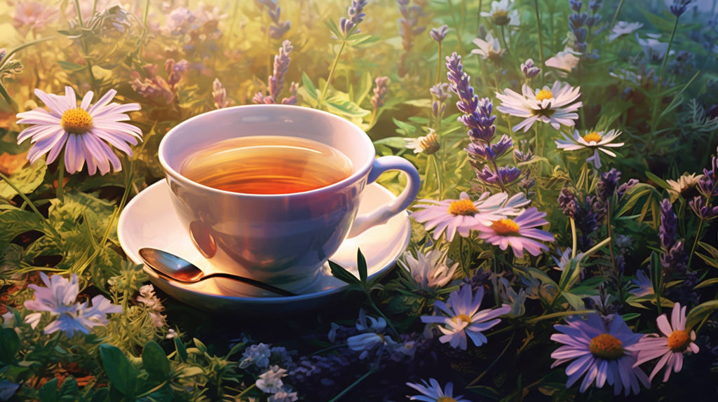 an image showcasing a serene, lush herbal garden, brimming with vibrant chamomile, lavender, and peppermint plants