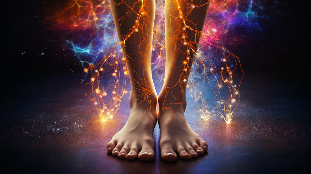 image showcasing a pair of feet surrounded by vibrant, healthy nerve pathways, highlighting essential tips and tricks to prevent sensory neuropathy