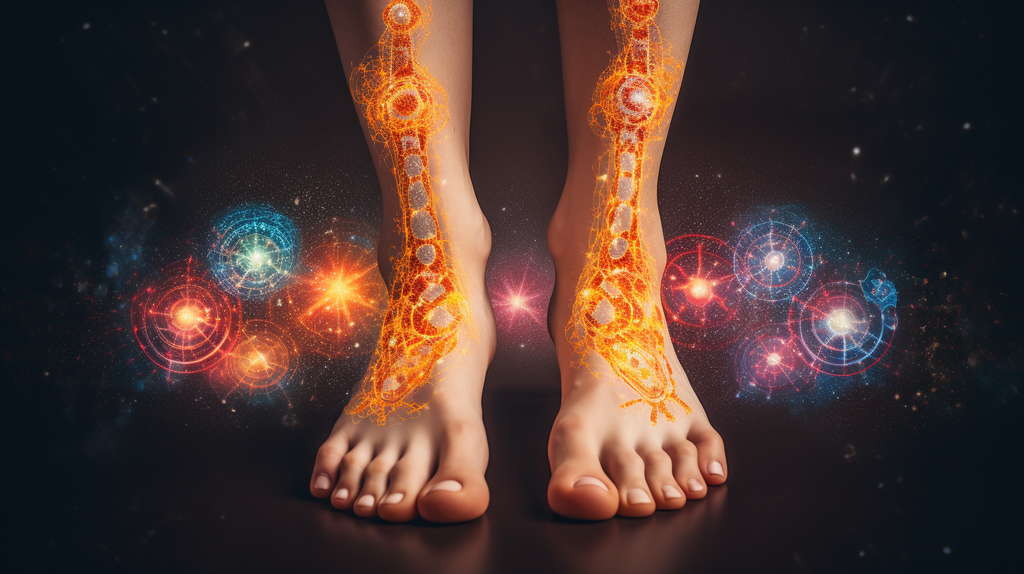an image showcasing a close-up of a person's bare feet, with varying sensations radiating from the toes: tingling, numbness, and shooting pain