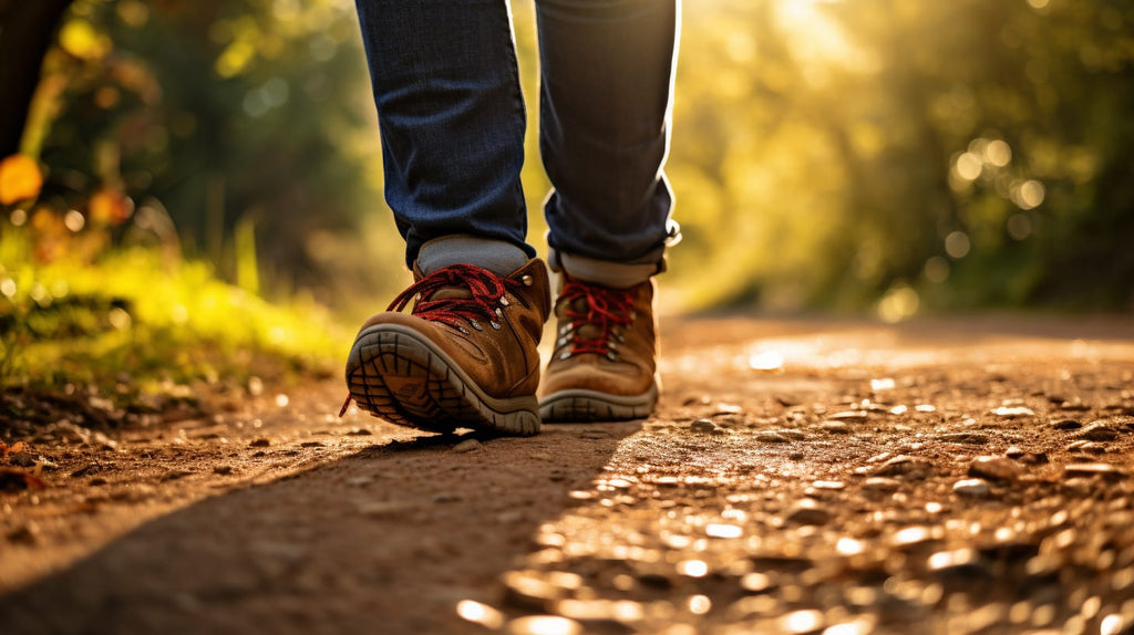 image showcasing a pair of feet engaged in vwalking, wearing comfortable shoes, emphasizing prevention techniques for motor neuropathy