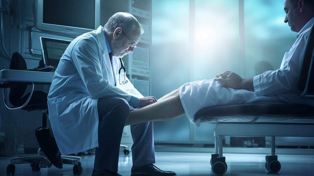 image of a doctor examining a patient's feet, highlighting the connection between proper diagnosis and effective treatment in preventing neuropathy