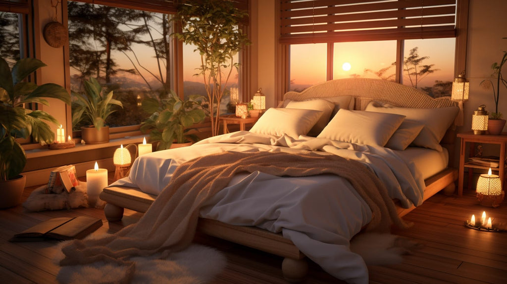 image that depicts a cozy bedroom, with soft lighting and calming décor.